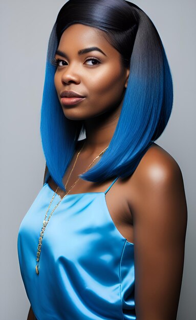 A woman with blue hair in a blue wig