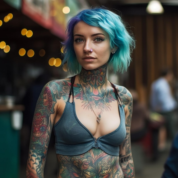 A woman with blue hair and a bra with the word tattoo on it