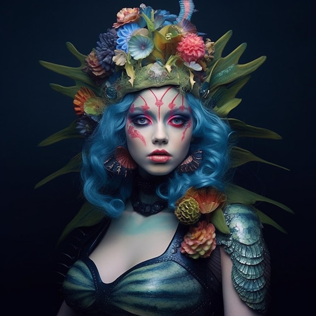 A woman with blue hair and a flower crown on her head.