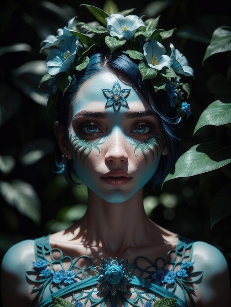 A woman with blue hair and a flower crown on her head