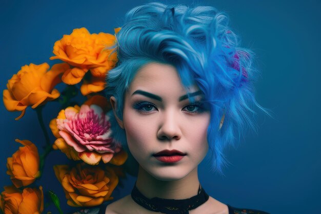 A woman with blue hair and flowers on her head