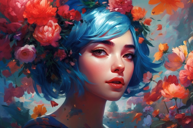 A woman with blue hair and flowers on her head