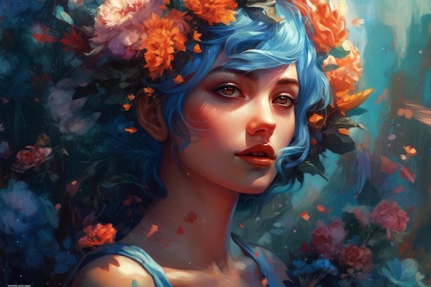 A woman with blue hair and flowers on her head