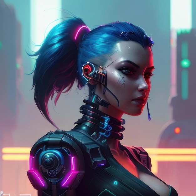 A woman with blue hair and a futuristic look.