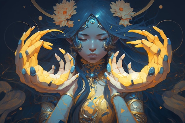 Женщина с синими волосами и золотой короной держится за руки со словом «бог» спереди.