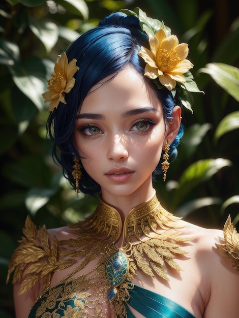 A woman with blue hair and gold jewelry with gold leaves on her head.