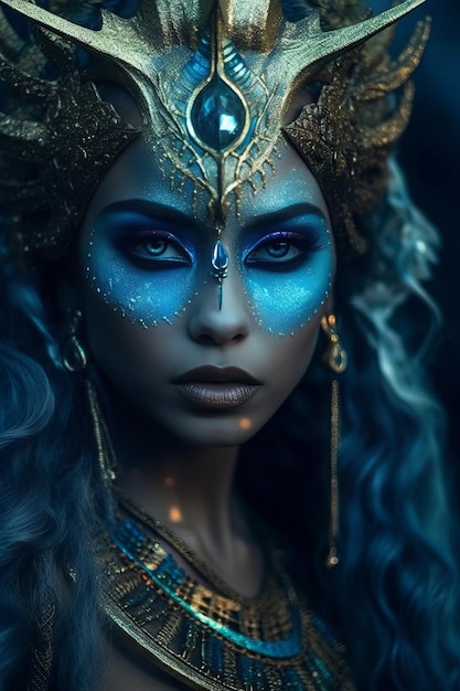 A woman with blue hair and gold jewelry