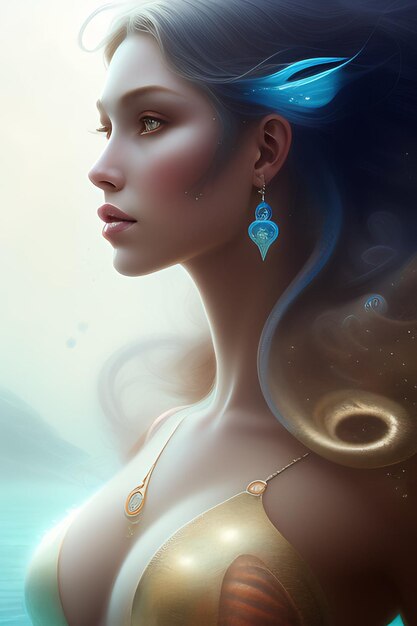 A woman with blue hair and a gold necklace