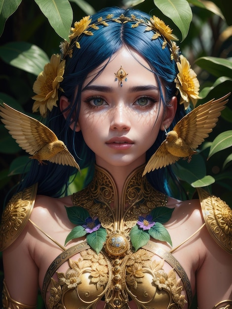 A woman with blue hair and gold wings stands in front of a leafy background.