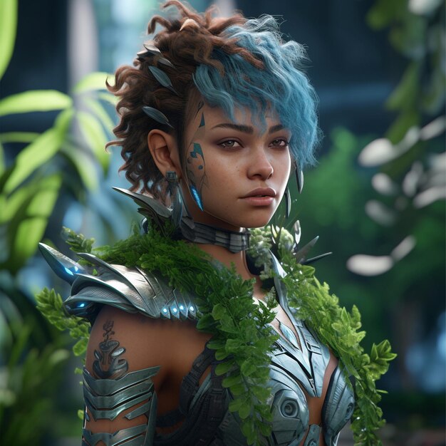 Premium AI Image A woman with blue hair and a green top with a green