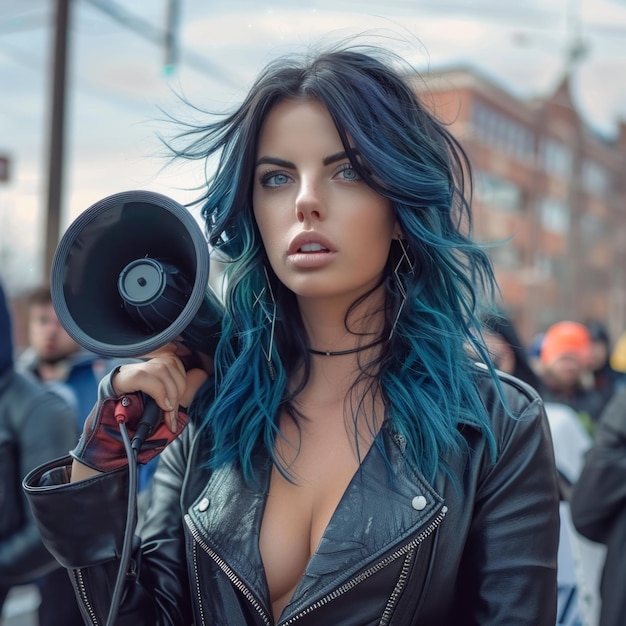 Woman With Blue Hair Holding Megaphone