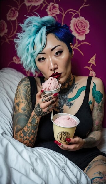 Foto una donna con i capelli blu sta mangiando un cono gelato.