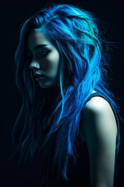 Foto una donna con i capelli blu è seduta davanti a uno sfondo scuro