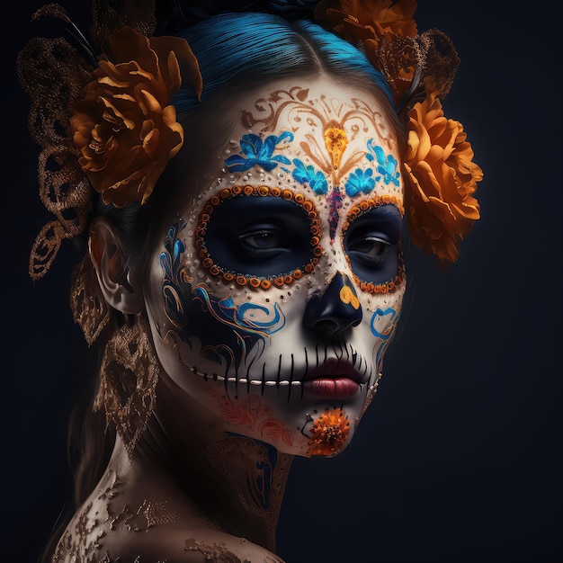 A woman with blue hair and makeup that says day of the dead.