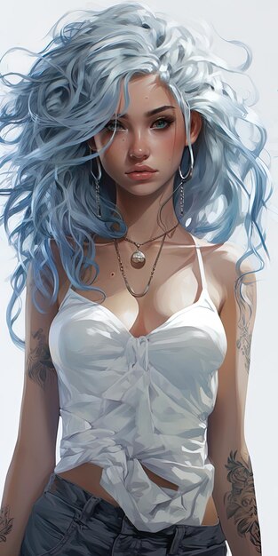 a woman with blue hair and a necklace with a necklace on it