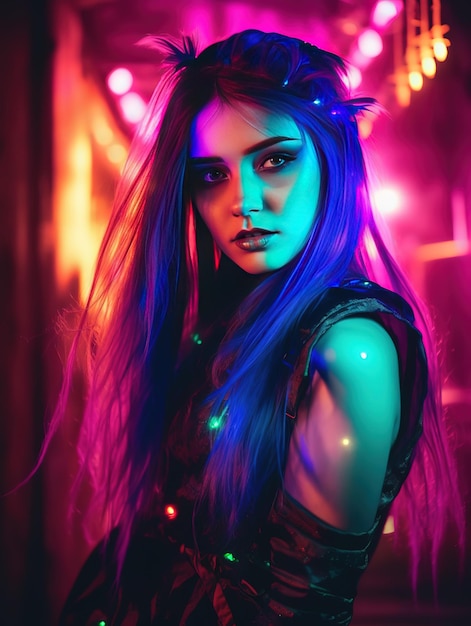 A woman with blue hair and a neon light in the background