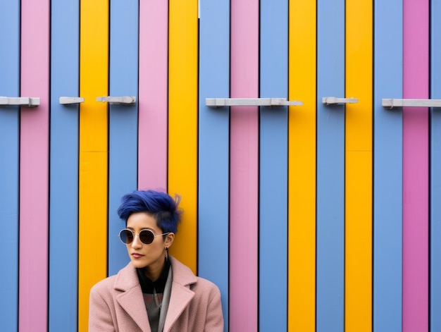 Photo a woman with blue hair and a pink coat sitting in front of a colorful wall