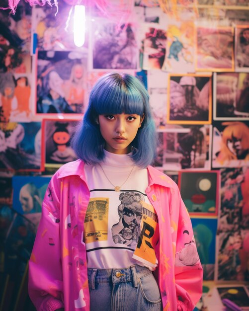 Photo a woman with blue hair and a pink jacket standing in front of a wall of posters