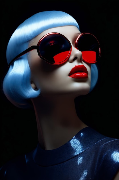 Woman with blue hair and red glasses on her face Generative AI