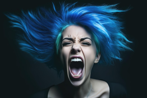 Photo a woman with blue hair screaming