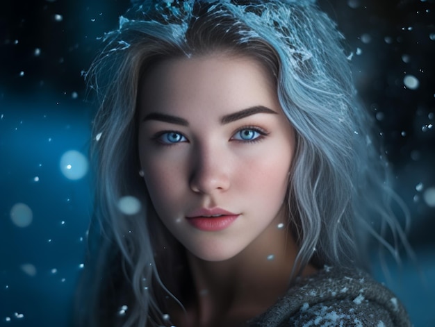 A woman with blue hair and snow on her face