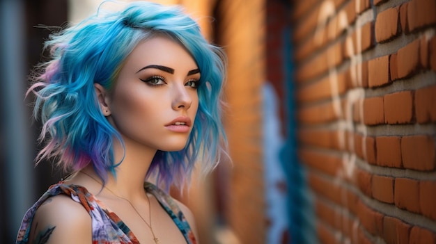 A woman with blue hair stands in front of a brick wall