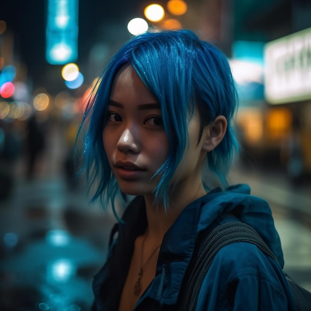 A woman with blue hair stands in the rain in front of a sign that says'i love you '