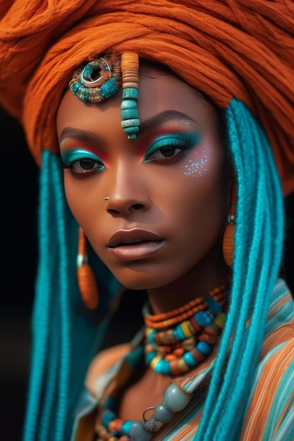 A woman with blue hair and turquoise eyes