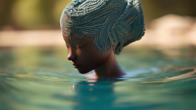 A woman with blue hair in the water ai