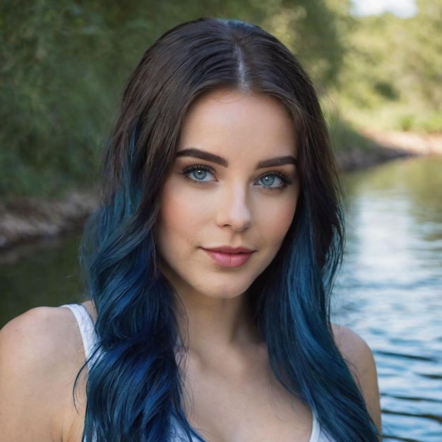 Photo a woman with blue hair and a white shirt is standing in front of a river