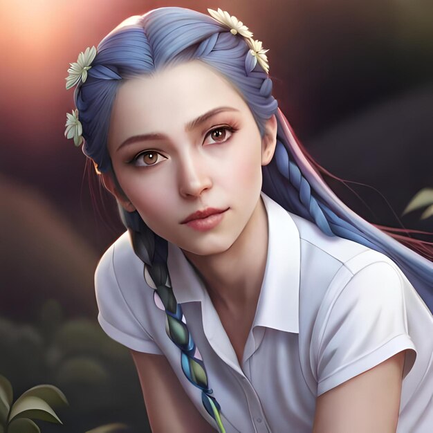 A woman with blue hair and a white shirt with flowers in her hair.