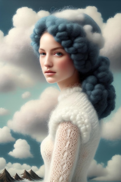 A woman with blue hair and a white sweater with clouds on the top.