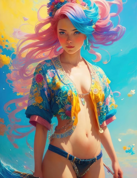 A woman with blue hair and a yellow bikini top is standing in front of a blue sky.