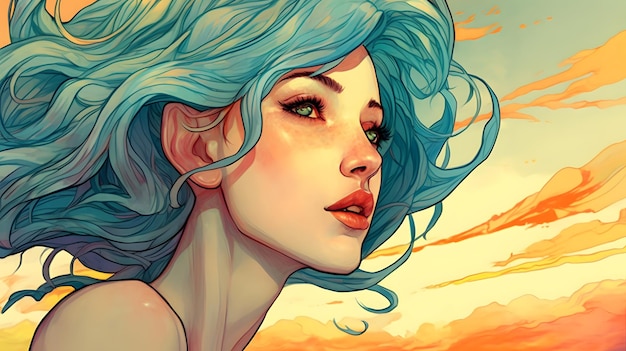 A woman with blue hair and a yellow sky