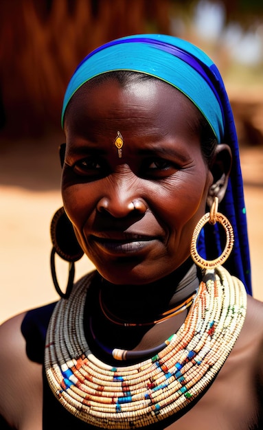 A woman with a blue headdress and a blue headdress stands in a village.