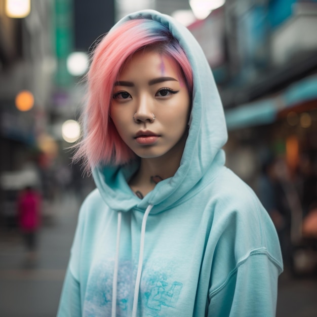 A woman with a blue hoodie that says'i'm not a girl '