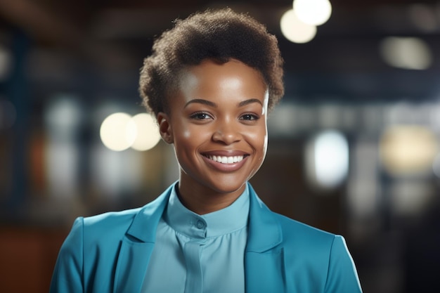 A woman with a blue jacket and a blue shirt is smiling