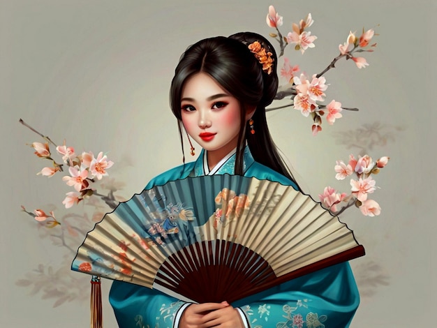 женщина в синем кимоно на голове держит вентилятор