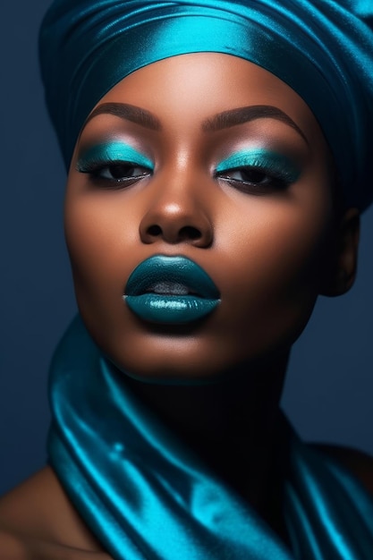 A woman with a blue lip and green lipstick