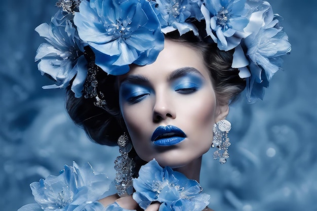 woman with blue makeup and blue flowers