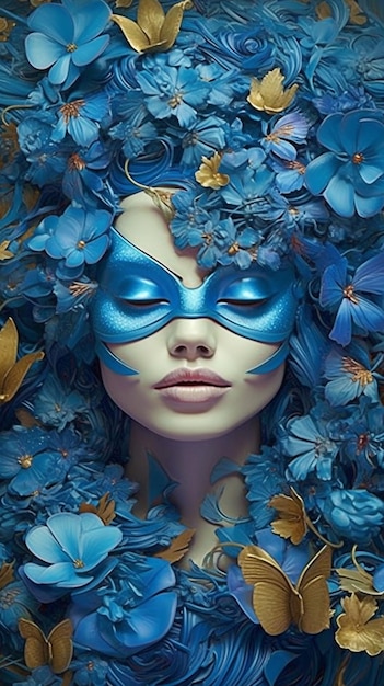 A woman with a blue mask and flowers on her face