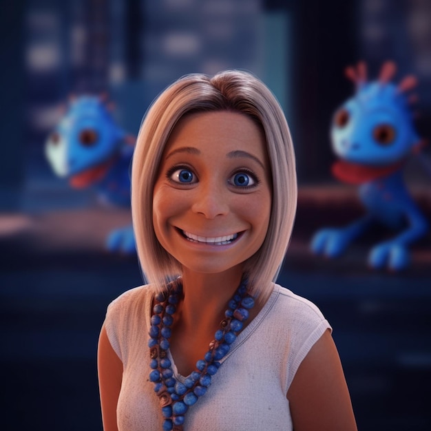 A woman with a blue necklace and a white shirt that says " blue eyed geckos ".