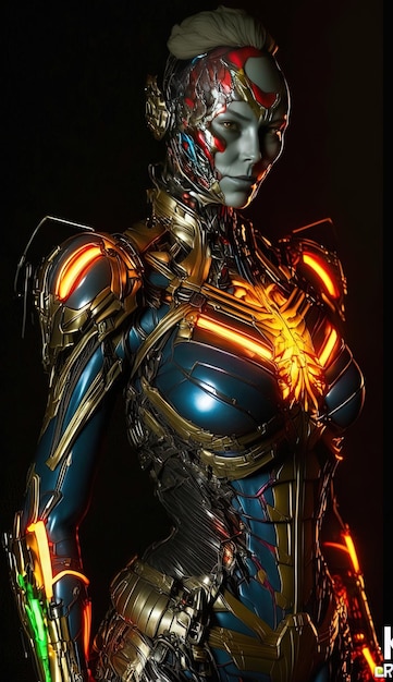 a woman with a blue and orange body and a blue and black suit.