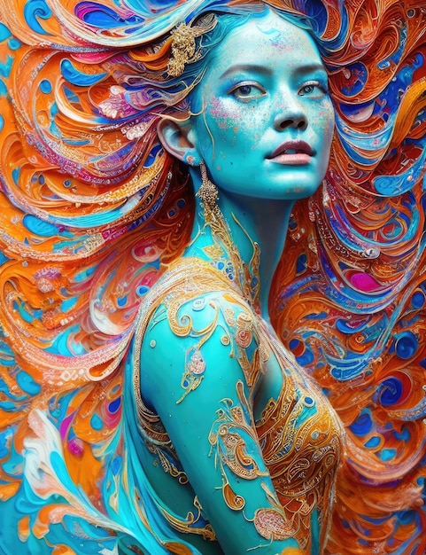 青とオレンジ色の髪の女性と髪型の女性のカラフルな絵。