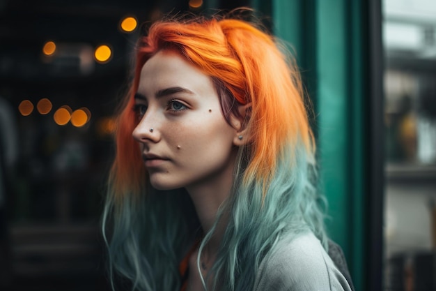 A woman with a blue and orange hair is standing in front of a green door.