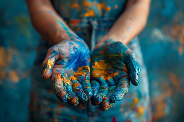 手に青い塗料を塗った女性が塗料で覆われている
