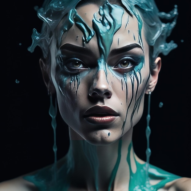青いペンキと水が顔に滴る女性。
