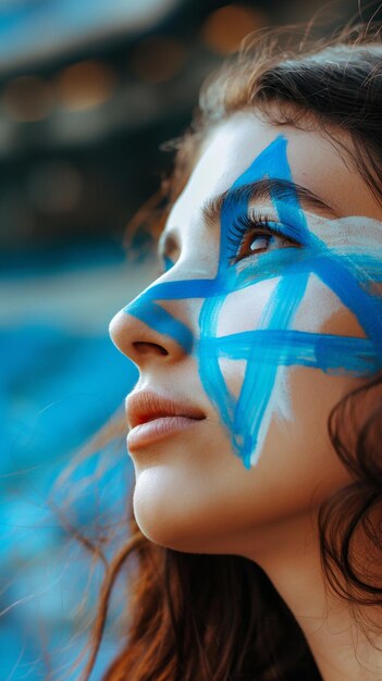 Photo a woman with a blue painted face and the words  x  on her face