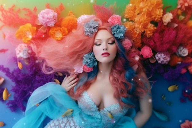 A woman with blue and pink hair is laying on a bed with flowers on it.