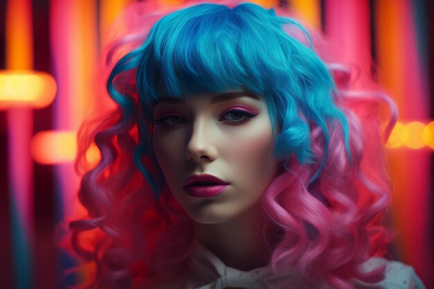 A woman with a blue and pink hair is standing in front of a neon wall.